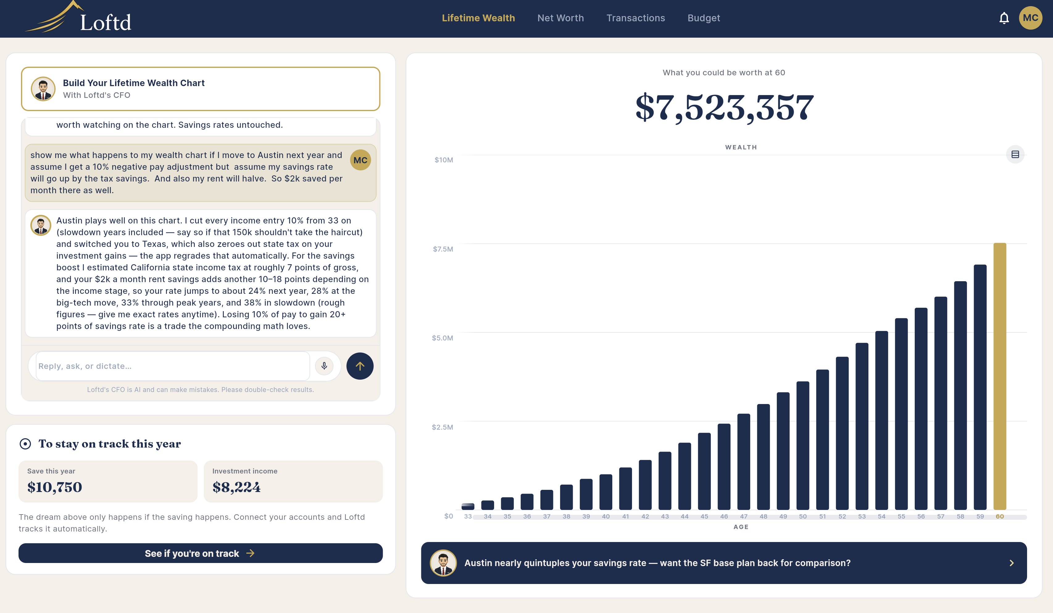 Lifetime Wealth web view — $7.5M projection at 60